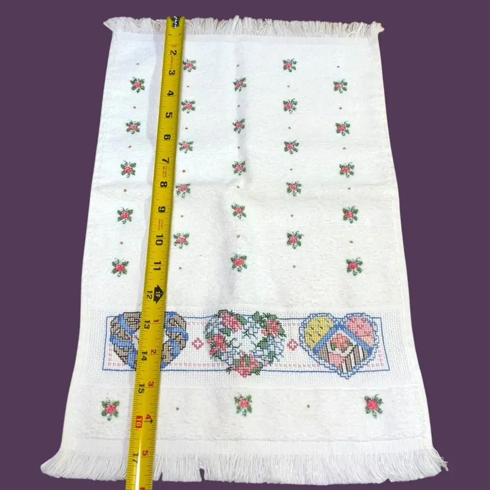 Vintage Cross Stitch Hearts Floral Hand Towel Fringe White 18x10.5 Cottage